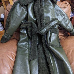 Khaki Vinyl Contrast Borg Midi Coat